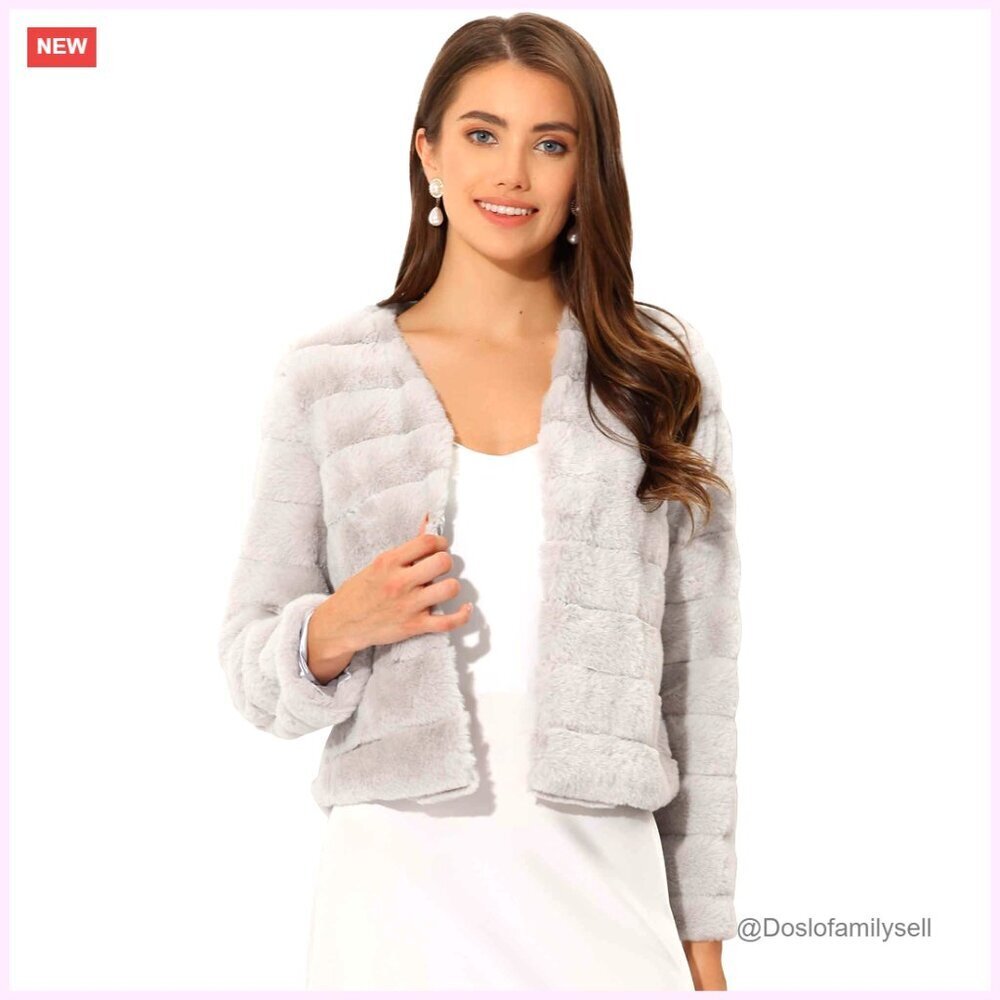 Faux Fur Cropped Jacket Long Sleeve Collarless Winter Warm Outwear